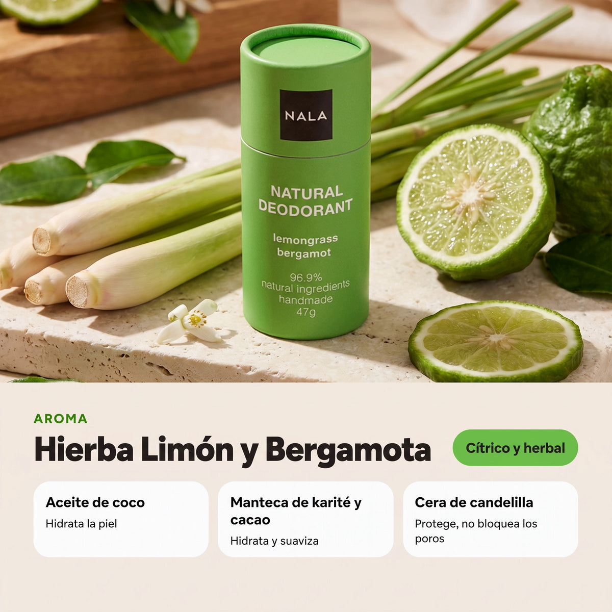 Desodorante Natural en Barra NUEVO - Hierba Limón y Bergamota